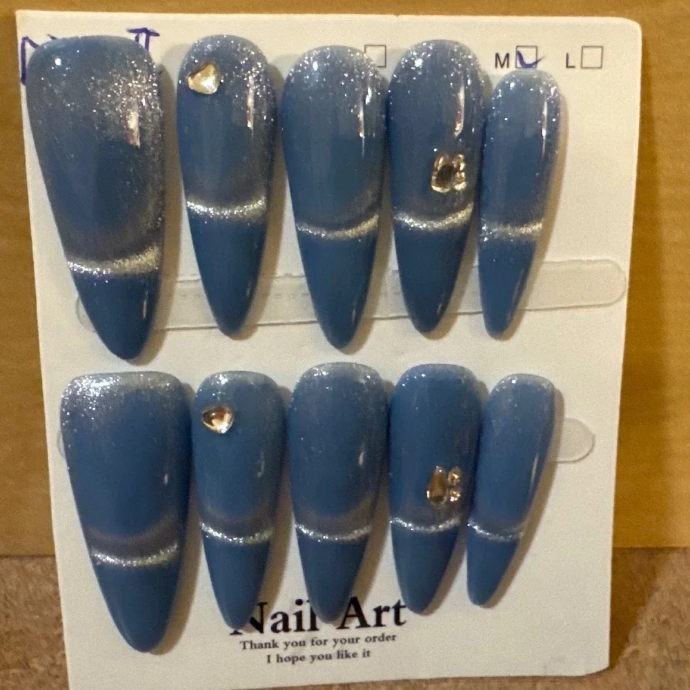Blue Cat Eye Press On Nails Long Almond Magnetic Shimmer Rhinestone Heart Art M